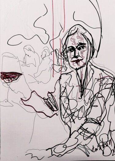 Painting titled "Girl with a glass o…" by Karibou Artist, Original Artwork, Gel pen