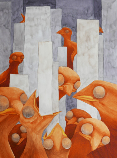 Pittura intitolato "Chicks eat city" da Karina Danylchuk, Opera d'arte originale, Acquarello