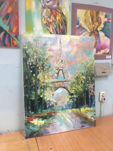 Painting titled "Paris" by Karina Pomazan, Original Artwork, Oil Mounted on Wood Stretcher frame