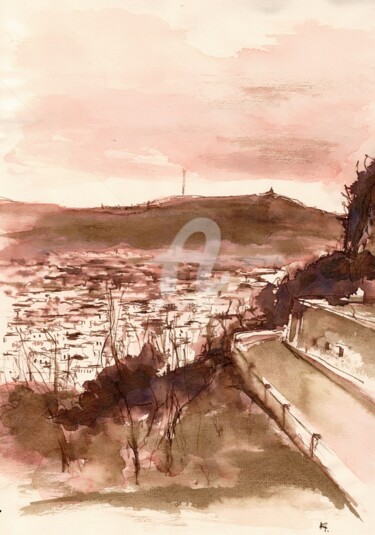 Pintura intitulada "Barcelona skyline" por Karina Plachetka, Obras de arte originais, Tinta
