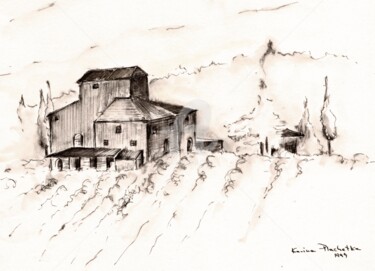 Zeichnungen mit dem Titel "Old farm in Tuscany" von Karina Plachetka, Original-Kunstwerk, Tinte