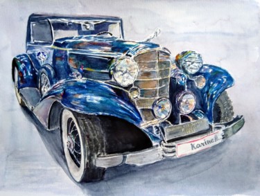 Painting titled "Vintage Cadillac" by Karine Andriasyan, Original Artwork, Watercolor
