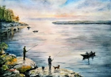 Malerei mit dem Titel "Sunrise Fishing" von Karine Andriasyan, Original-Kunstwerk, Aquarell