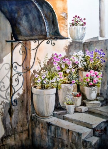 Painting titled "Sunlit Corner" by Karine Andriasyan, Original Artwork, Watercolor