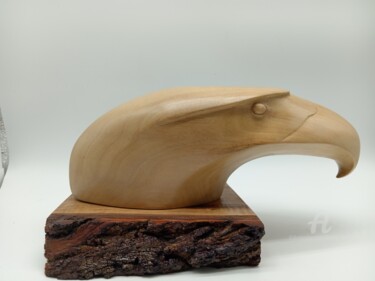 Sculptuur getiteld "Tete d'aigle en bois" door Karine Verdier, Origineel Kunstwerk, Hout