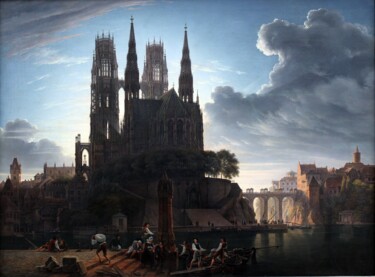 Pittura intitolato "Cathédrale gothique…" da Karl Friedrich Schinkel, Opera d'arte originale, Olio