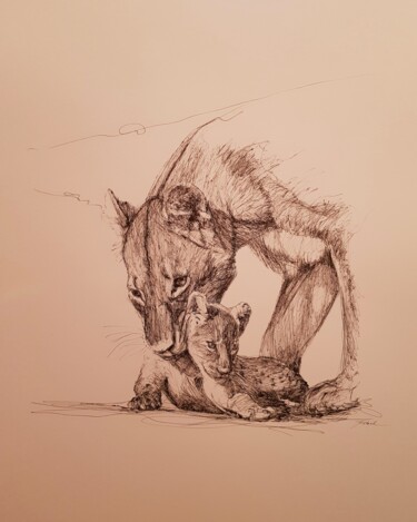 Dessin intitulée "Lionne lionceau 2" par Karl Robial, Œuvre d'art originale, Encre