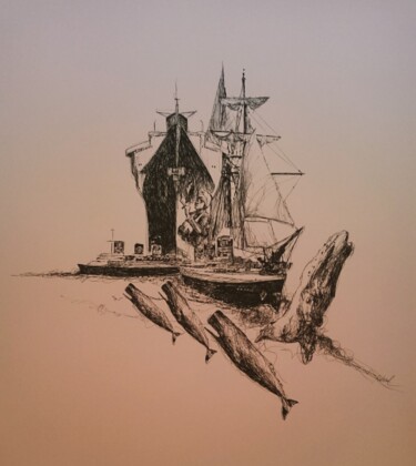 Dessin intitulée "Bateaux baleines" par Karl Robial, Œuvre d'art originale, Encre