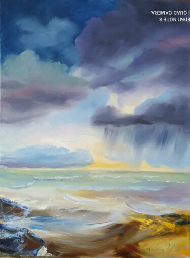 Malerei mit dem Titel "Regen auf dem Meer" von Karl-Werner Gerstner, Original-Kunstwerk, Öl