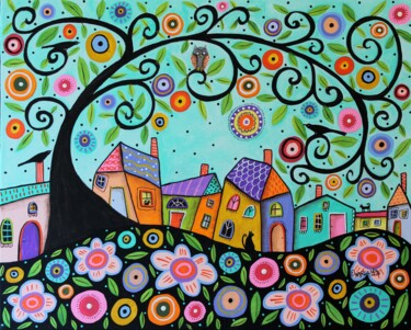 Malarstwo zatytułowany „Whimsical Town” autorstwa Karla Gerard, Oryginalna praca, Akryl Zamontowany na Drewniana rama noszy