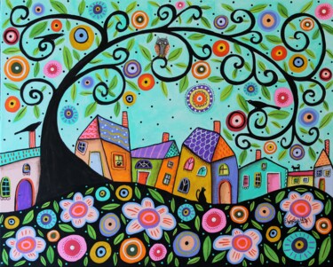 Pittura intitolato "Whimsical Town" da Karla Gerard, Opera d'arte originale, Acrilico Montato su Telaio per barella in legno