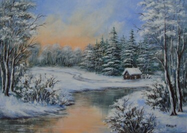 Painting titled "Winter sunset" by Karola Kiss, Original Artwork, Acrylic Mounted on Wood Stretcher frame