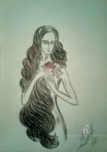 Drawing titled "The girl with a ros…" by Karolina Ingo (Karolina Navi -Ingo), Original Artwork, Pencil