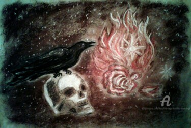 Ζωγραφική με τίτλο "Raven and Skull" από Karolina Ingo (Karolina Navi -Ingo), Αυθεντικά έργα τέχνης, Παστέλ