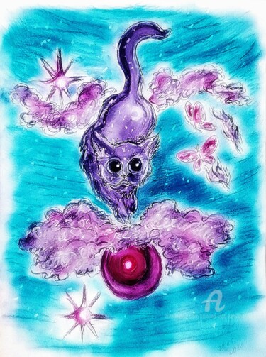 "Moon Cat" başlıklı Resim Karolina Ingo (Karolina Navi -Ingo) tarafından, Orijinal sanat, Pastel