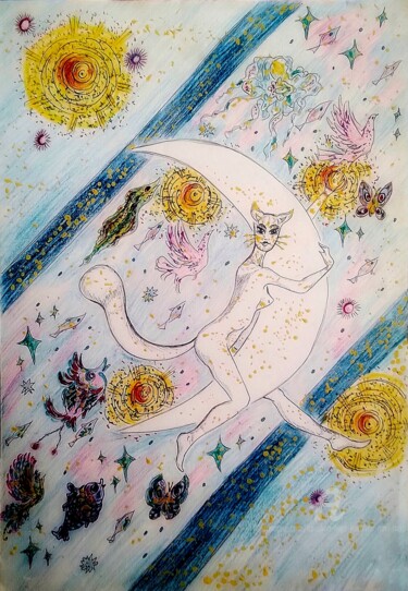 「Catwoman swinging o…」というタイトルの絵画 Karolina Ingo (Karolina Navi -Ingo)によって, オリジナルのアートワーク, グワッシュ水彩画
