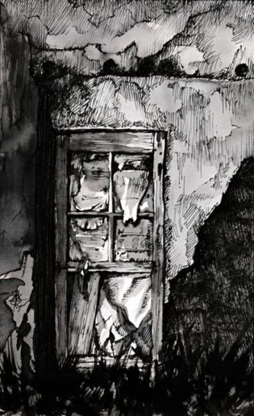 Zeichnungen mit dem Titel "Solitude - La porte…" von Karolus, Original-Kunstwerk, Tinte
