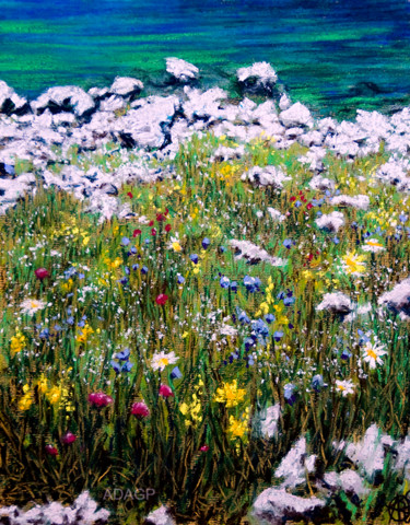 Peinture intitulée "Berge fleurie" par Karolus, Œuvre d'art originale, Pastel