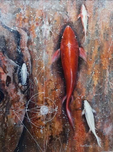 Schilderij getiteld "Carp Upstream" door Kasun Wickramasinghe, Origineel Kunstwerk, Acryl Gemonteerd op Frame voor houten br…