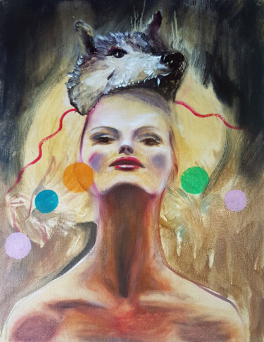 Pittura intitolato "Woman with Wolf Mask" da Katarzyna M. Rymarz, Opera d'arte originale, Olio