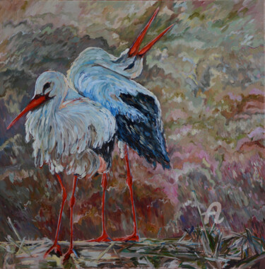 Schilderij getiteld "Two Birds" door Katarzyna Machejek, Origineel Kunstwerk, Olie