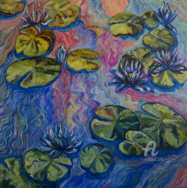 Painting titled "Water Lilies" by Katarzyna Machejek, Original Artwork, Oil Mounted on Wood Stretcher frame