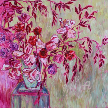 Painting titled "Magnolias" by Katarzyna Machejek, Original Artwork, Oil Mounted on Wood Stretcher frame