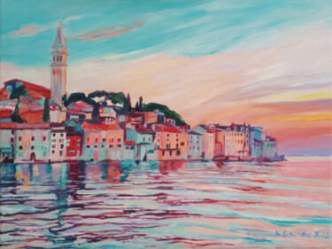 Painting titled "Rovinj Zachód Słońca" by Katarzyna Sikorsky, Original Artwork, Oil Mounted on Wood Stretcher frame