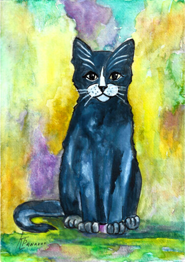 Malerei mit dem Titel "the black cat" von Katerina Tranakou, Original-Kunstwerk, Aquarell