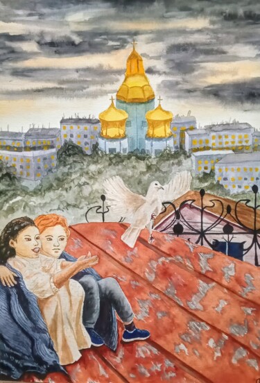 Pintura titulada "Голубь добра" por Kateryna Bakumenko, Obra de arte original, Acuarela