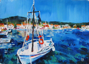 Painting titled "Boat on the sea" by Kateryna Bortsova, Original Artwork, Oil Mounted on Wood Panel