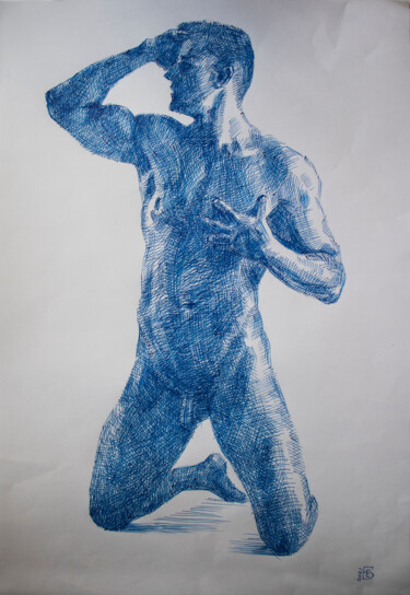 Painting titled "Male nude figure on…" by Kateryna Bortsova, Original Artwork, Gel pen