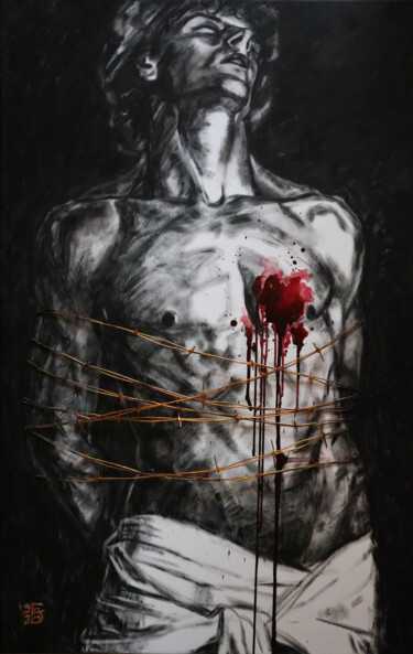 Painting titled "Saint Sebastian" by Kateryna Bortsova, Original Artwork, Acrylic Mounted on Wood Stretcher frame