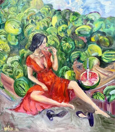 Peinture intitulée "Girl with watermelo…" par Kateryna Krivchach, Œuvre d'art originale, Huile