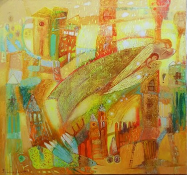 Schilderij getiteld "Golden rain blessing" door Kateryna Lemesheva, Origineel Kunstwerk, Acryl