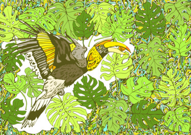 Digitale Kunst getiteld "Great hornbill" door Kateryna Svyrydova, Origineel Kunstwerk, 2D Digital Work