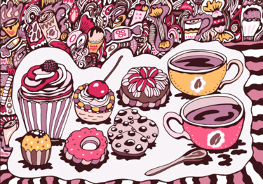 Digitale Kunst mit dem Titel "sweets and coffee" von Kateryna Svyrydova, Original-Kunstwerk, 2D digitale Arbeit