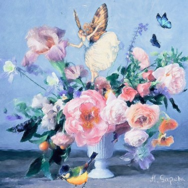 Malarstwo zatytułowany „Roses, peonies and…” autorstwa Kath Sapeha, Oryginalna praca, Olej