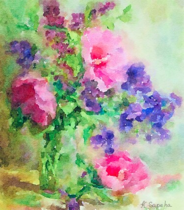 Pintura intitulada "Peonies and lilac i…" por Kath Sapeha, Obras de arte originais, Aquarela