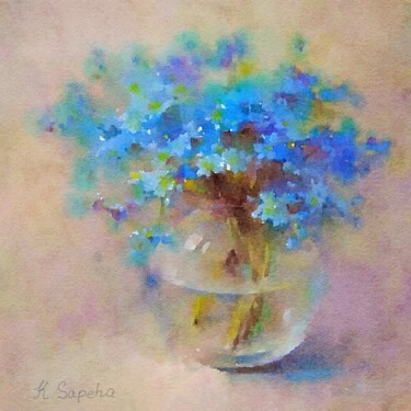 Malerei mit dem Titel "Blue flowers in a f…" von Kath Sapeha, Original-Kunstwerk, Aquarell