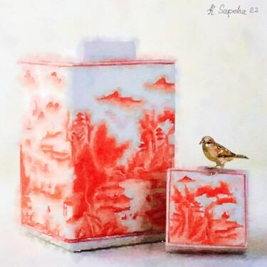Painting titled "Sparrow and orange…" by Kath Sapeha, Original Artwork, Watercolor