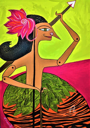 Painting titled "Serie Wayang Stick…" by Katharina Eisenberg, Original Artwork, Acrylic Mounted on Wood Stretcher frame