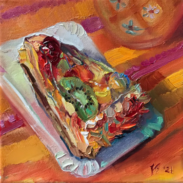 Painting titled "Obstkuchen" by Katharina Valeeva, Original Artwork, Oil Mounted on Wood Stretcher frame