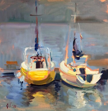 Schilderij getiteld "Boote" door Katharina Valeeva, Origineel Kunstwerk, Olie Gemonteerd op Houten paneel