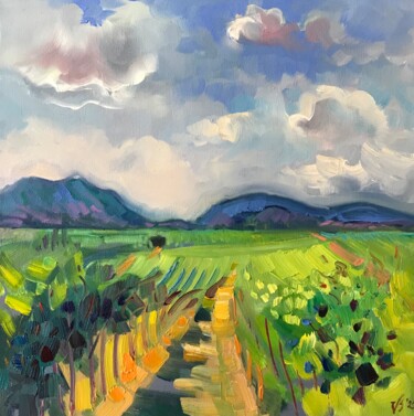 Painting titled "Weinberge - Pfälzer…" by Katharina Valeeva, Original Artwork, Oil Mounted on Wood Stretcher frame