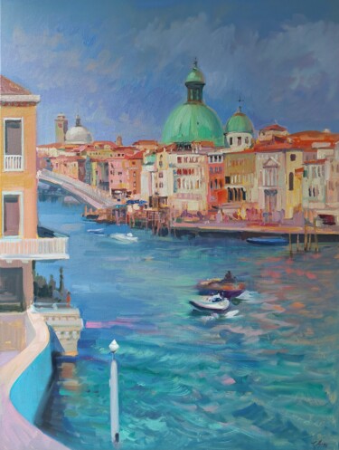 Painting titled "Blick auf den Canal…" by Katharina Valeeva, Original Artwork, Oil Mounted on Wood Stretcher frame