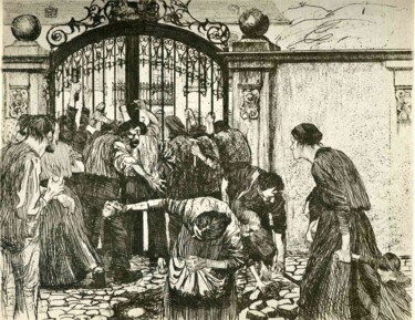 Printmaking titled "Révolte aux portes…" by Käthe Kollwitz, Original Artwork, Engraving
