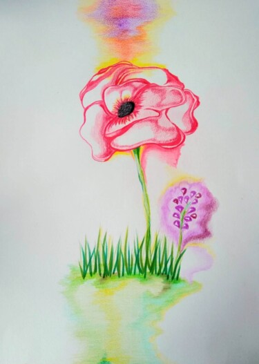 Dessin intitulée "Red Flower" par Kathia Donaté, Œuvre d'art originale, Crayon