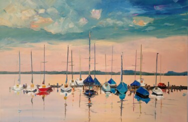 Painting titled "Abend am Dümmersee" by Kathrin Flöge, Original Artwork, Oil Mounted on Wood Stretcher frame