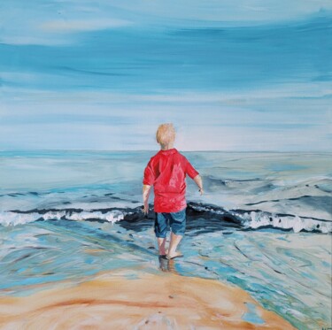 Schilderij getiteld "Beach Boy" door Kathrin Flöge, Origineel Kunstwerk, Acryl Gemonteerd op Frame voor houten brancard